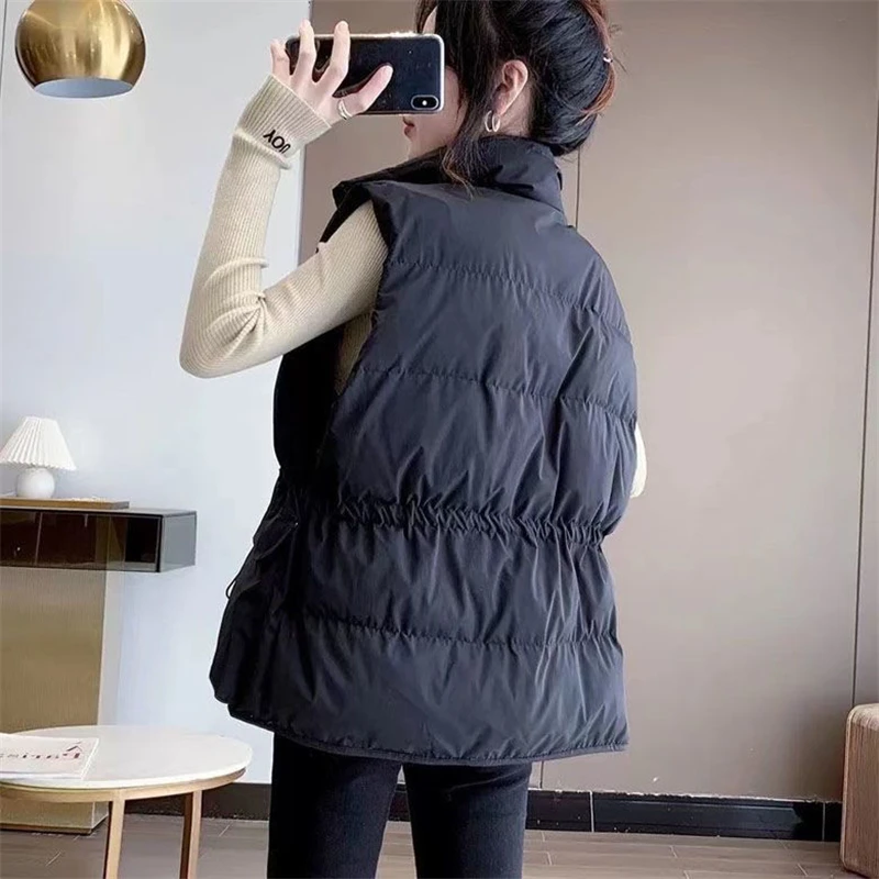 2024 New Stand Neck Puffer Cotton Vest Beige Black Autumn Winter Loose Vest Women Jacket Puffer Waistcoat Street Style Outwear