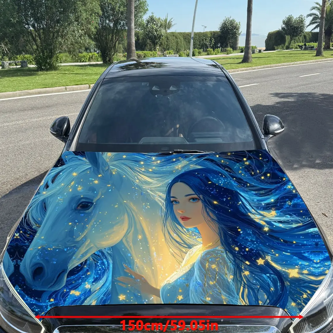Streamer Girl and Divine Horse Car Vinyl Wrap, PVC Material Waterproof Car Hood Sticker, Self-Adhesive Scratch-Resistant Sticker