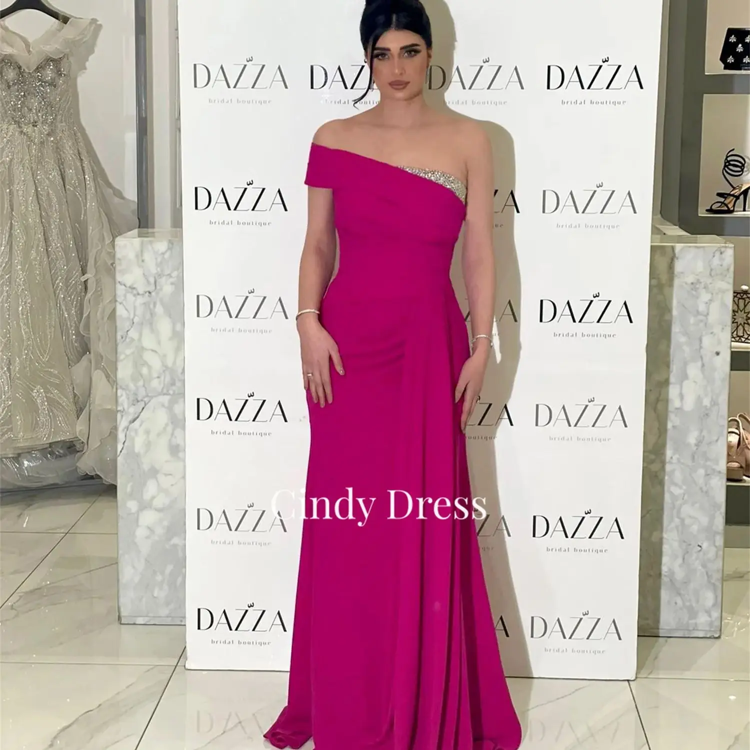 

Cindy One Shoulder Rose Red Saudi Arabia Elegant Luxury Evening Dress 2024 Special Occasion Dresses for Formal Occasions Prom