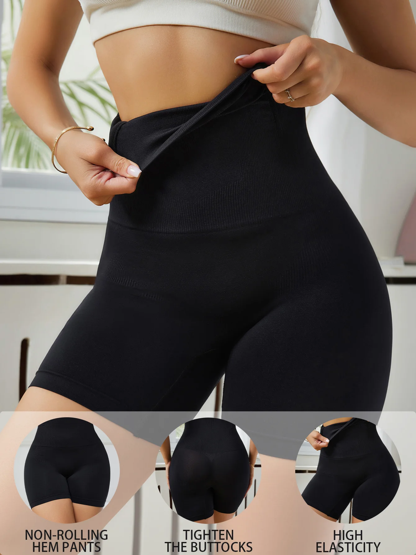 1 piece black high-elasticity waist-shaping and butt-lifting women's shorts, suitable for daily wear and outfit pairing