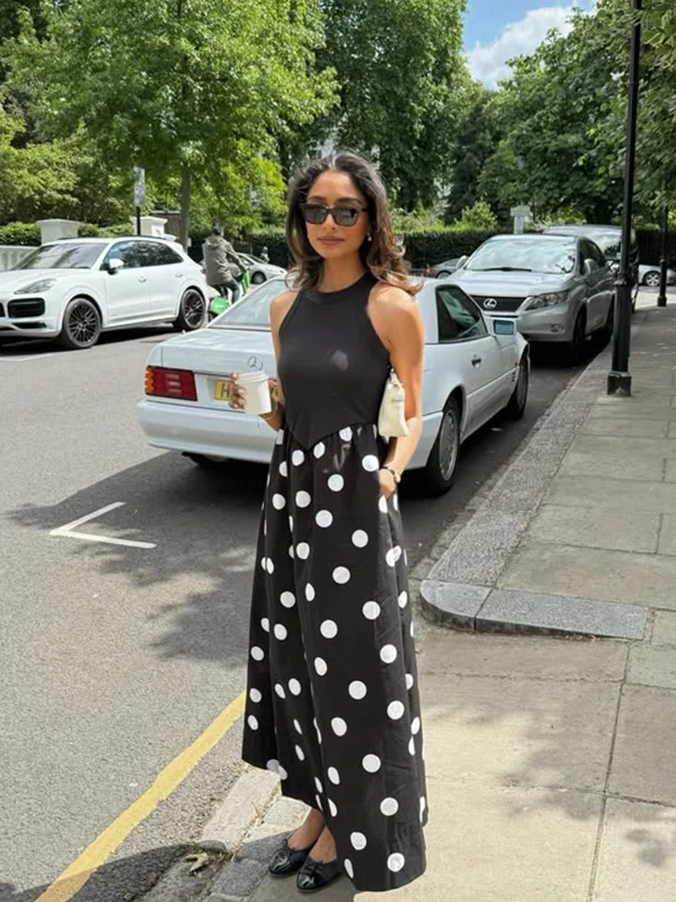 Tank Dot พิมพ์ชุด Maxi สําหรับผู้หญิงแฟชั่นเซ็กซี่แขนกุด O-คอ Streetwear ยาว Vestidos Robes หญิงสบายๆ
