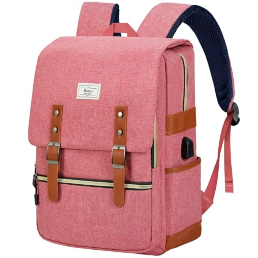 

Винтажный рюкзак для ноутбука для женщин и мужчин, 15,6 дюймов, повседневный городской рюкзак с USB-портом для зарядки, для учебы и работы, розовый.
