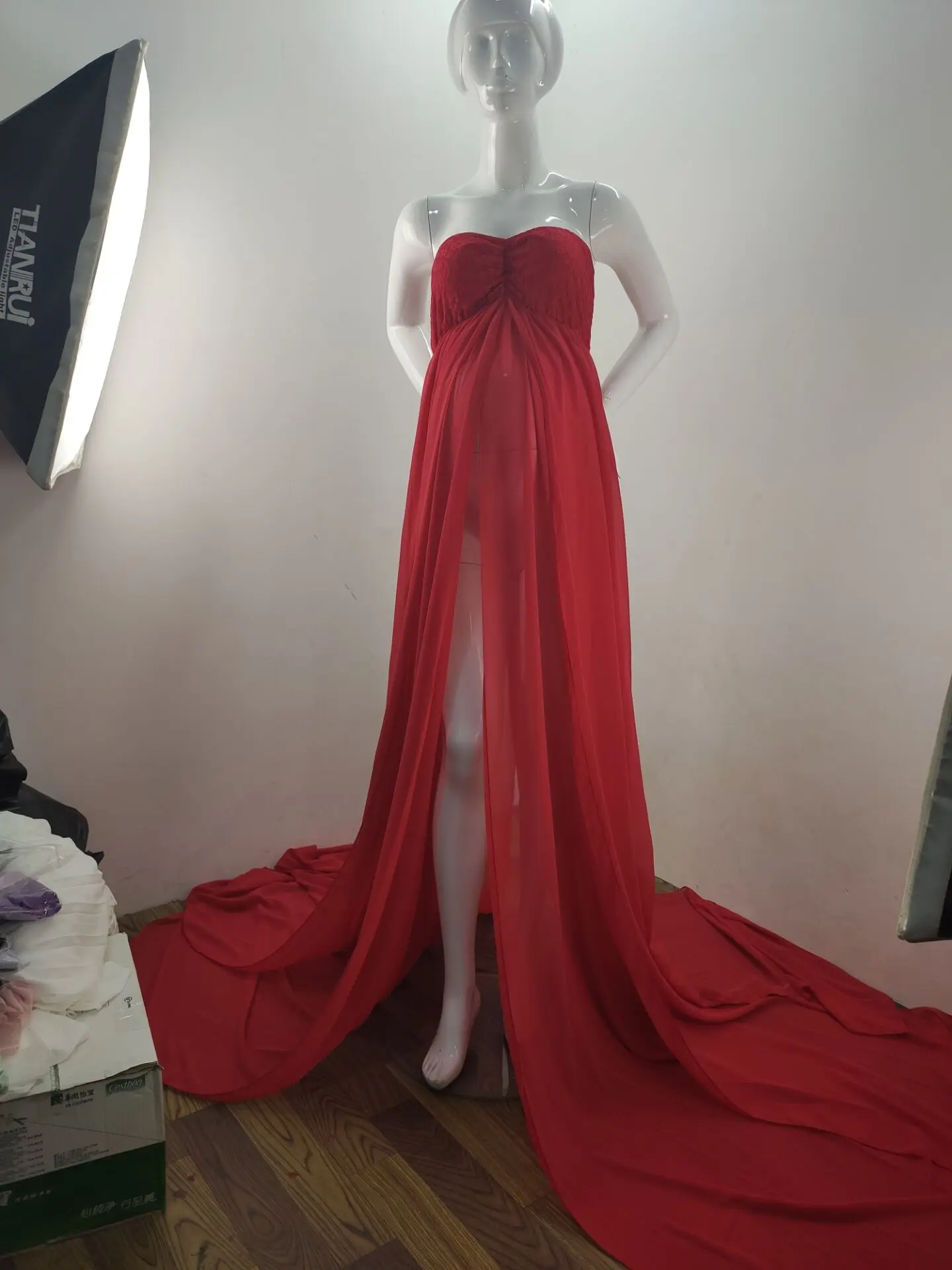 Vestido de gasa de encaje para mujer embarazada, accesorios de fotografía sin hombros, sin mangas, liso, para Sesión de fotos, 2024