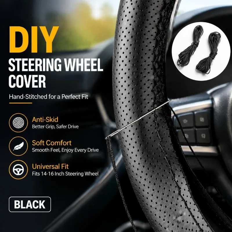 DIY Car Steering Wheel Cover Fiber Leather with Needle Threads, Anti-Skid, Soft Comfort, Fits 14-16 Inch Steering Wheel, Black