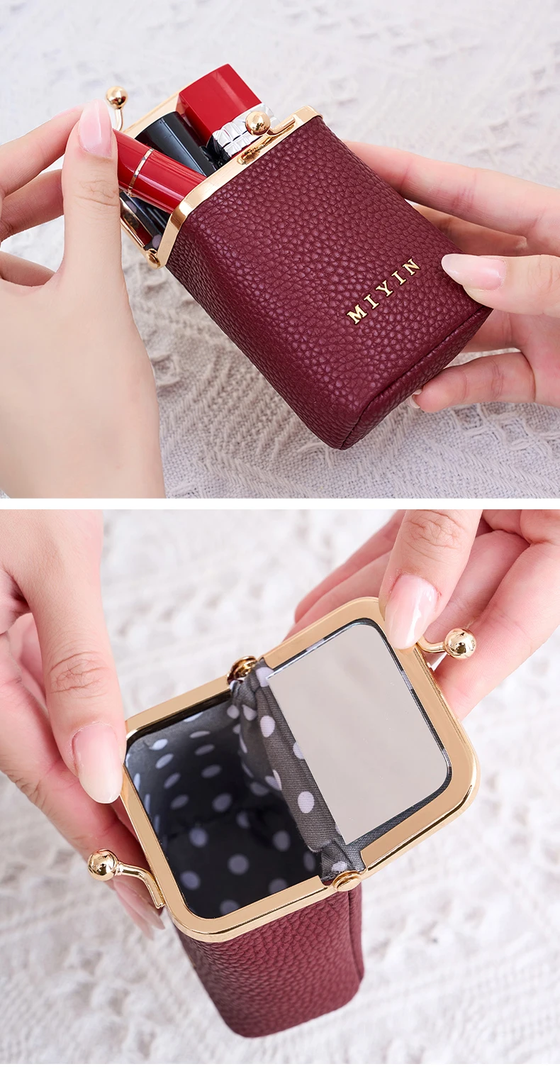 Luxuriöser Mini-Lippenstift-Organizer für Damen, auch geeignet als Schmuck-, Kopfhörer- und Münzbeutel mit eingebautem Spiegel. – Detail 9