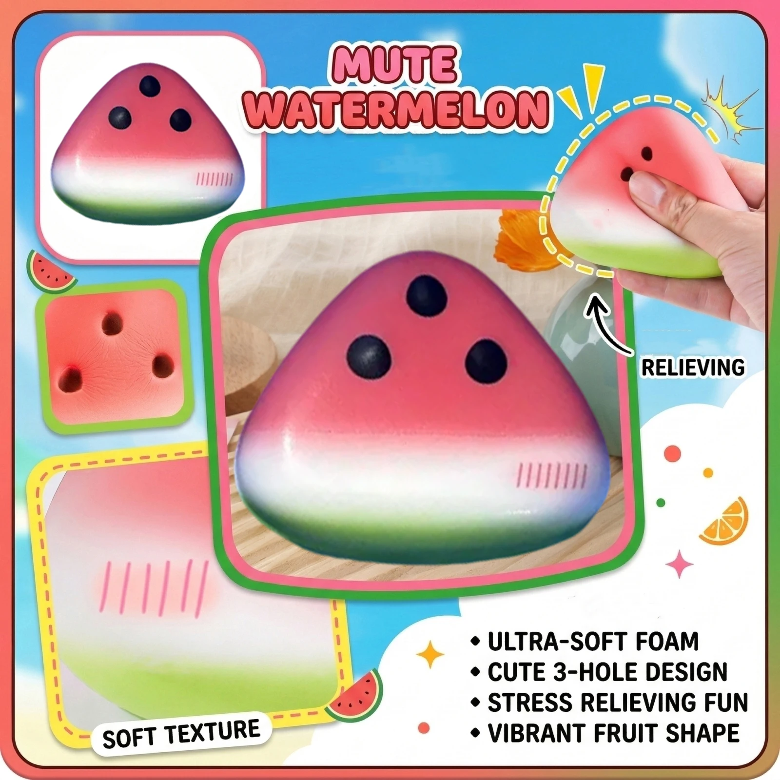 Summer Simulated Watermelon Stress Toy, Cute Fruit Slow Rising Soft Toy with Watermelon Scent For Anxiety & Sensory Play