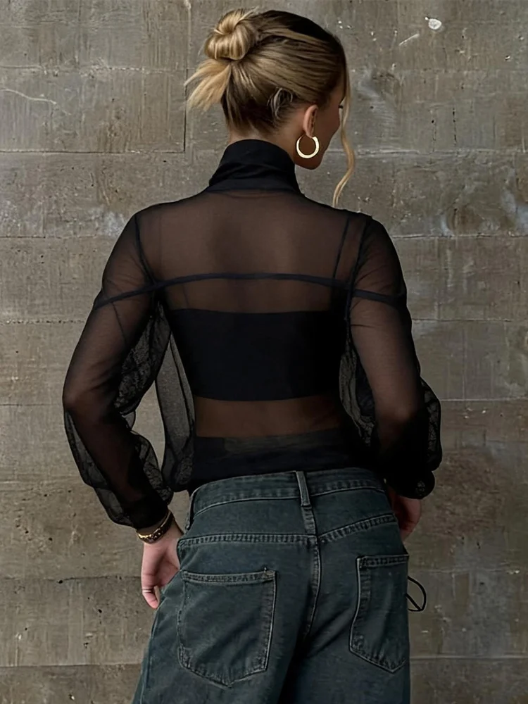 Autumn Women Y2K Chinese Street Fashion Frog Buttons Sheer See Through Mesh Striped Stand Collar Oversized Long Sleeve Outerwear