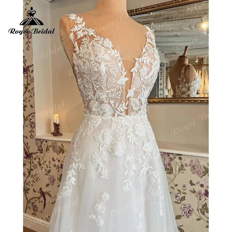 2025 Robe Mariage A Line Tank Wedding Dress Deep V Neck Lace Floral Appliqued Bridal Gown Wedding Gown Vestidos Noiva Customized