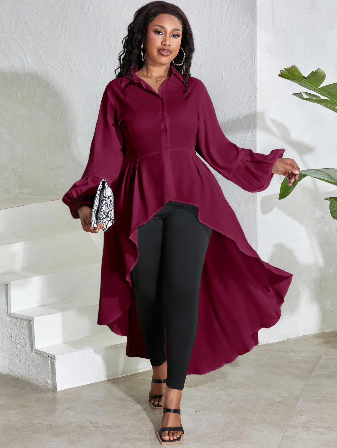 LW Plus Size Ammetrical A Line Blouse Dress Long Sleeve T-shirt Plain Maxi Dresses Lapel Neck Button Elegant Office Vestidos