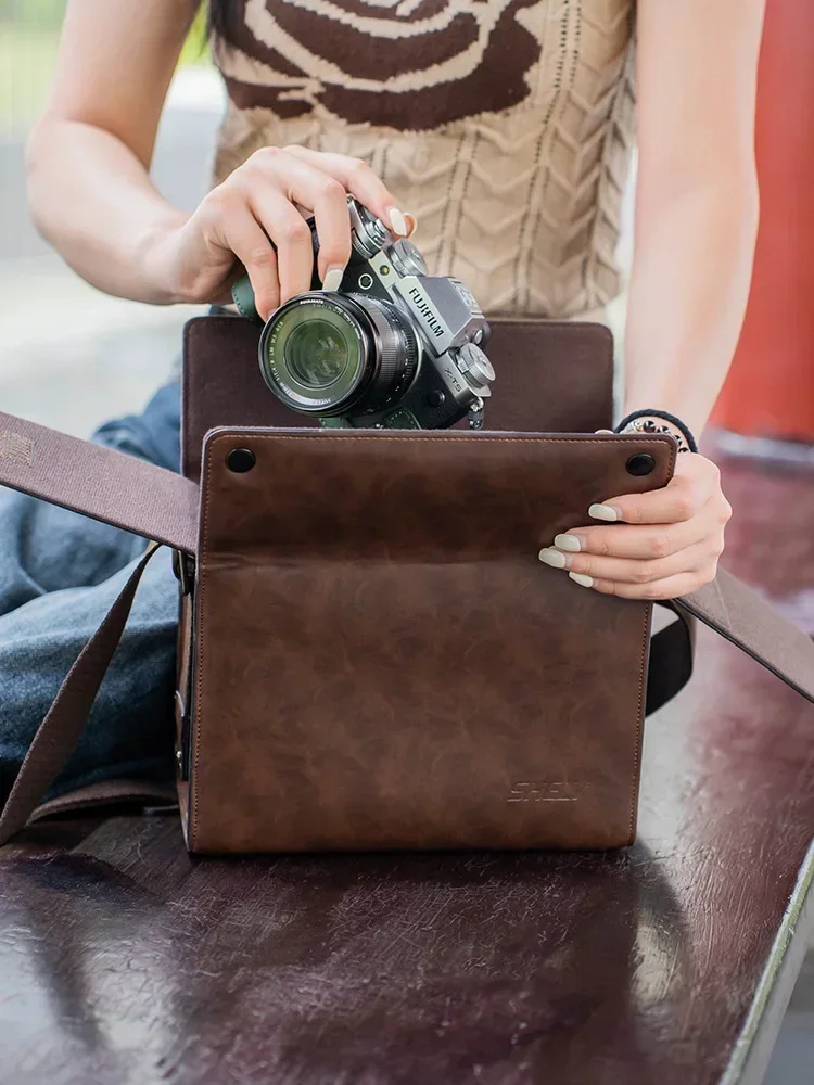 Handmade genuine leather for Fuji canon Nikon Sony shoulder leather vintage camera bag mirrorless photography Texture camera bag