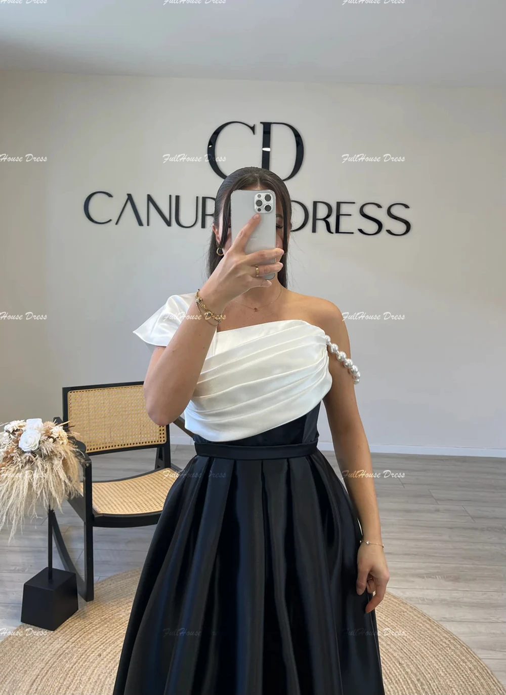 Custom Made Elegant One Shoulder Pleated A-line Floor Length Pearls Evening Dress Backless Party Dress with Court for Women