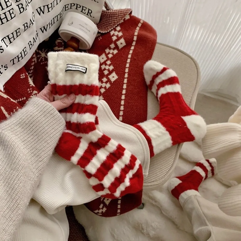 

New Coral Fleece Socks Thicken Warm Middle Tube Socks Stripes Home Sleep Floor Socks Women
