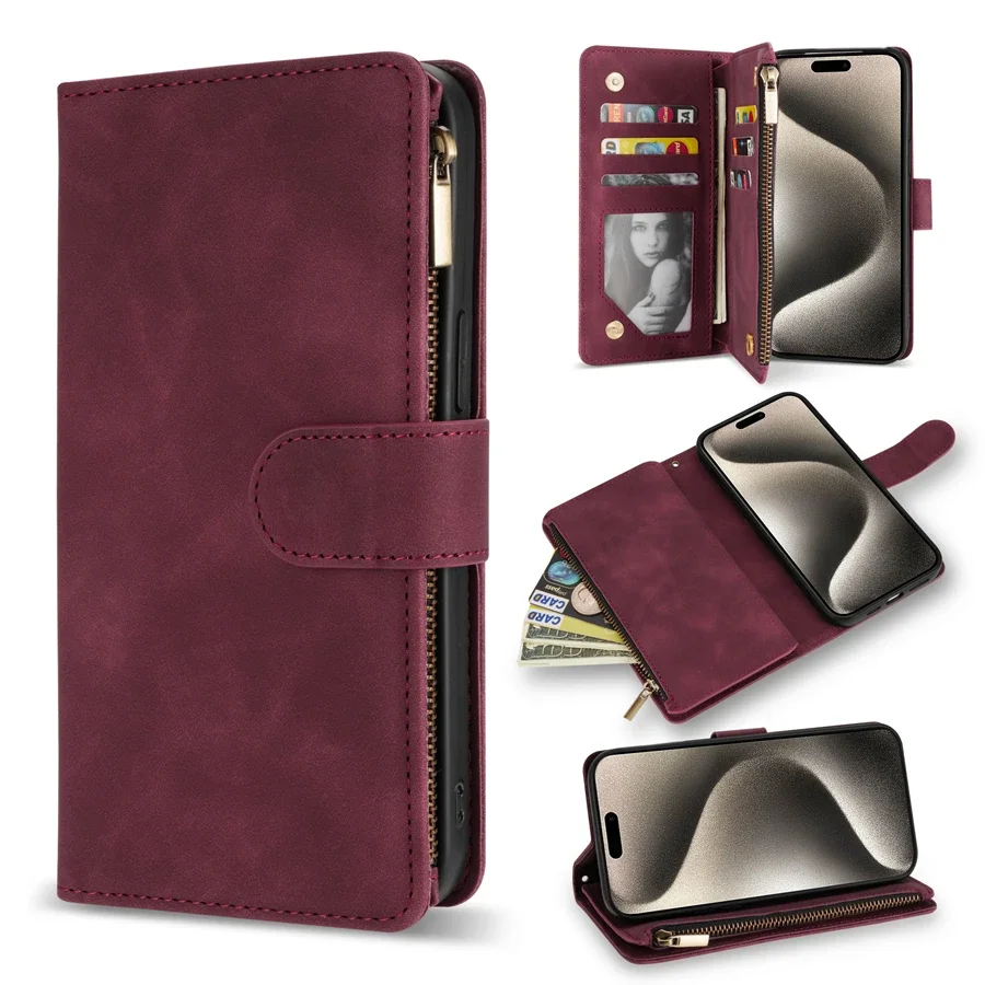 ZZXX Brieftasche Multi-karte Zipper Ständer Magnetische Flip Leder Fall Für iPhone Air 17 Pro Max 16e 15 14 Plus 13 Mini 12 11 SE2 XR 8 7 6