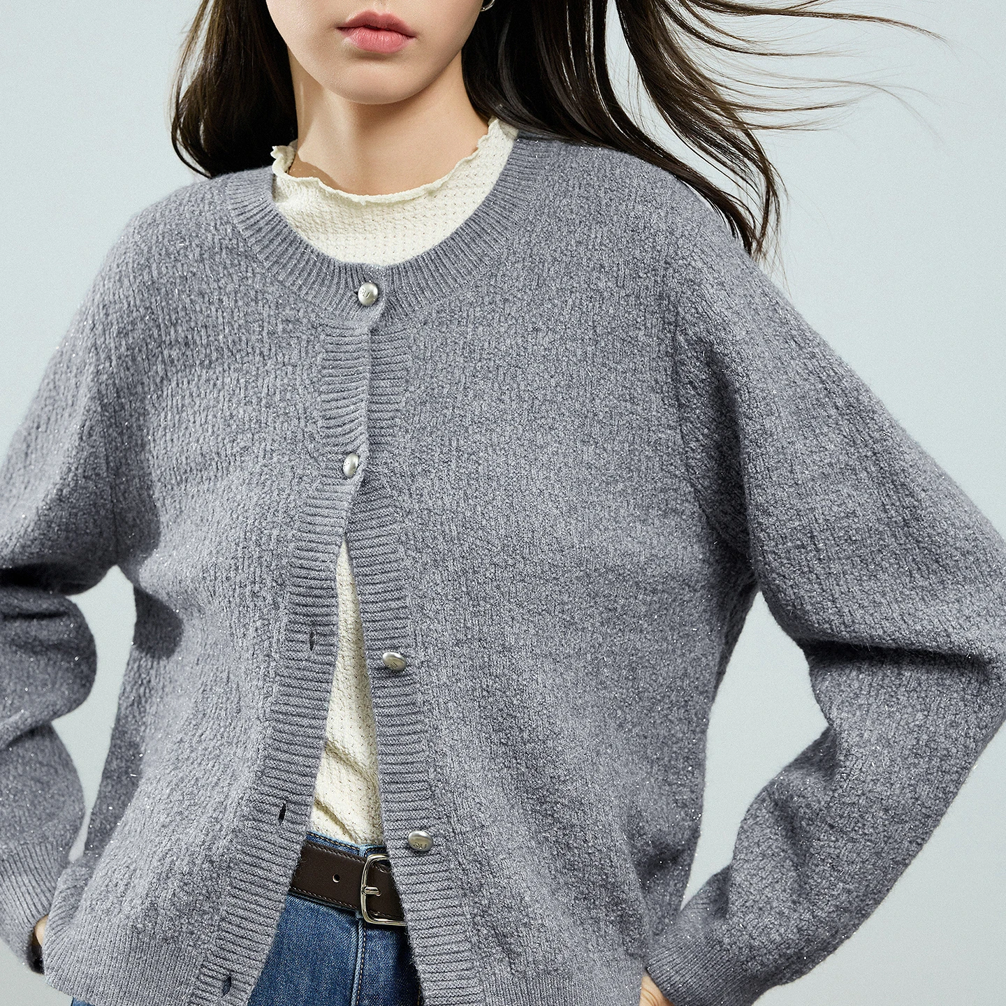 TOYOUTH Women Woolen Cardigan 2025 Autumn New Vintage Twisted Pattern Round Neck Tops Smoke Gray