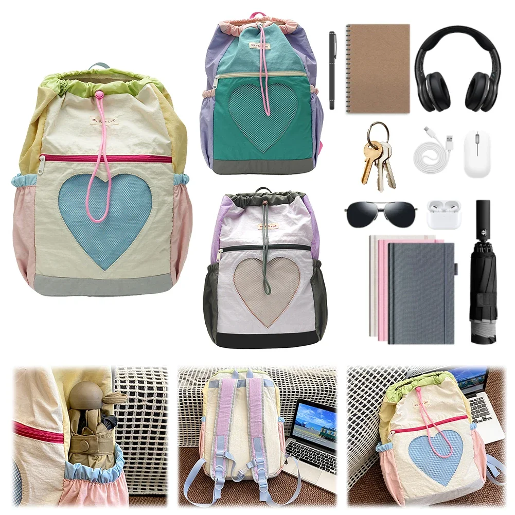 

Backpack for Women Girls Color-Block Laptop Backpack Nylon Drawstring Adjustable Strap Rucksack for Travel School