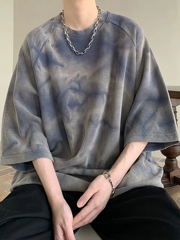 Plus Size Tie-Dye T-Shirt for 40-150kg Unisex Three Quarter Sleeve Loose Fit Retro Trendy Street Style Eye Catching​