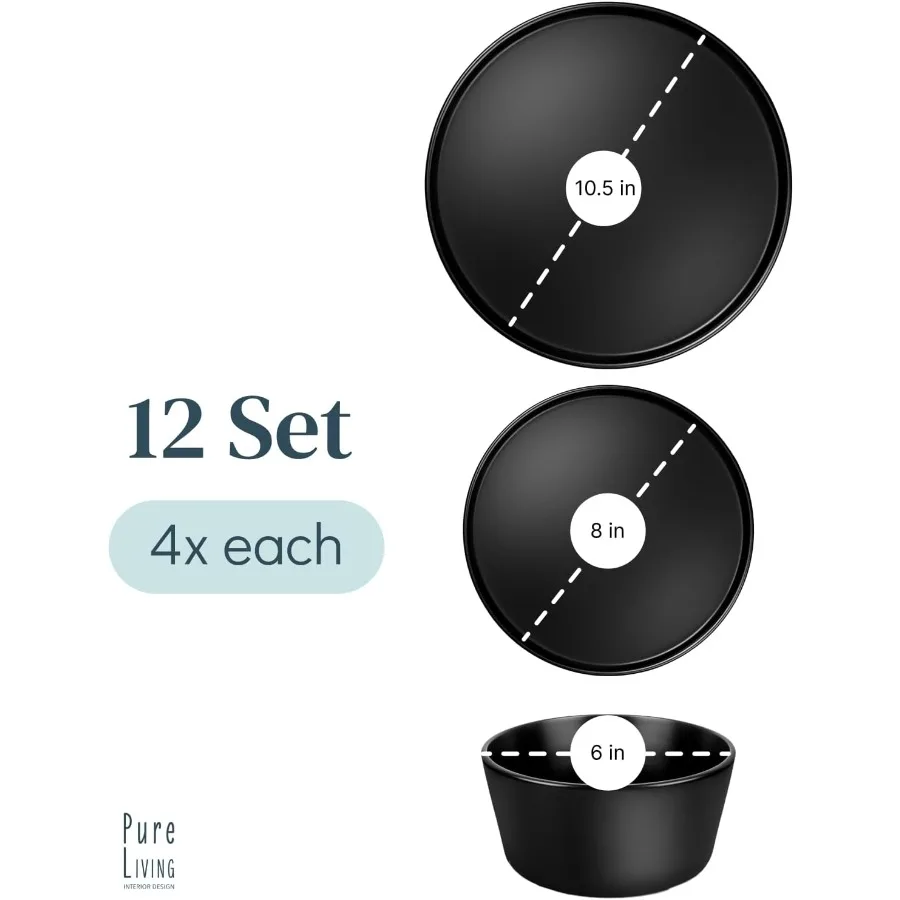 Conjunto de louça de grés preto fosco para 4 pessoas com 12 peças Ideal para jantares diários e ocasiões especiais Máquina de lavar louça mi