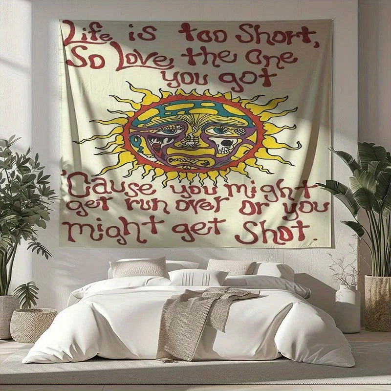 Boho Vintage Sun Face Graffiti Tapestry, Life Quote Inspirational Wall Hanging for Bedroom Dorm Living‑Room Decoration