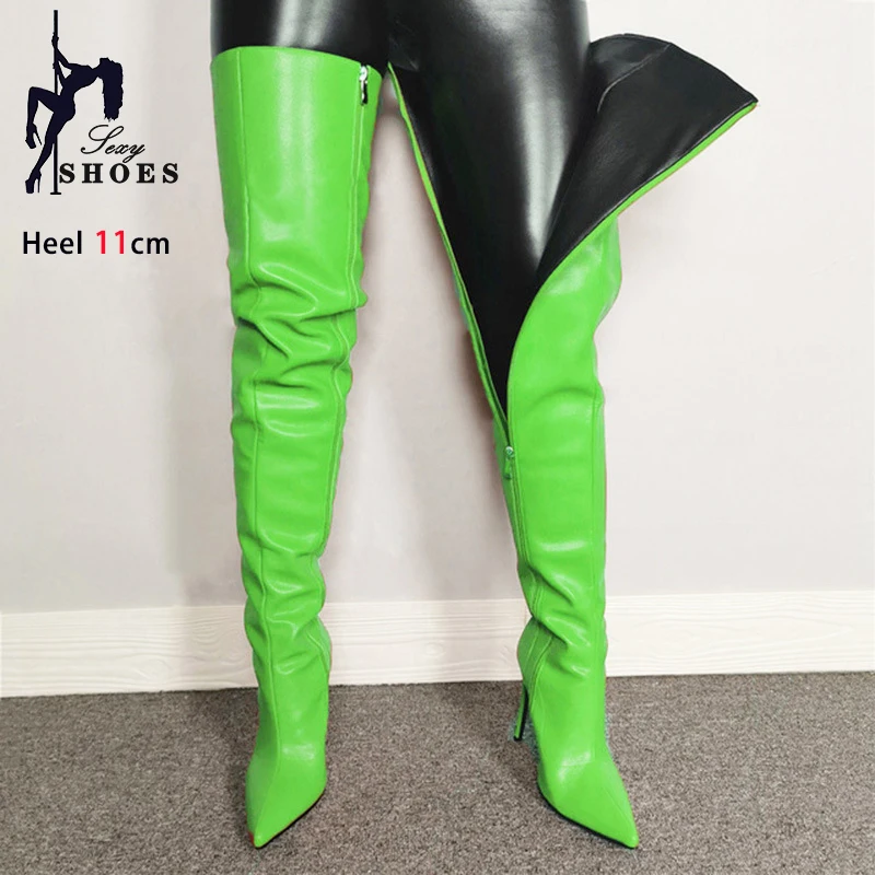 Pointed Toe Over-The-knee Boots Women Club Stage Performance Shoes Lady Thin High heels Model Catwalk Show Green Long Boots 11CM