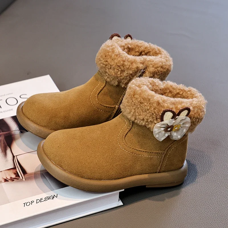 

Хлопковые сапоги принцессы для девочек, коллекция 2024, детские зимние плюшевые сапоги с мягкой подошвой, модные милые кружевные детские повседневные милые ботильоны на молнии