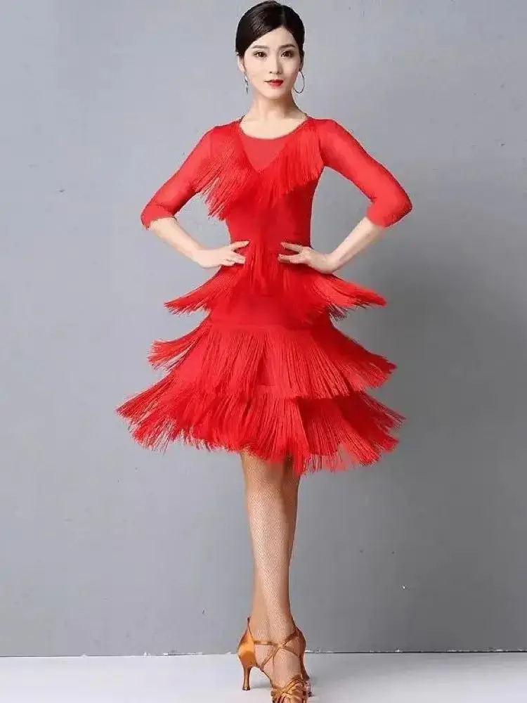 New Latin Dance Dress Sexy Women\'s Adult Long Tassel Dress Dancing Clothing Bottoms Performance Wear