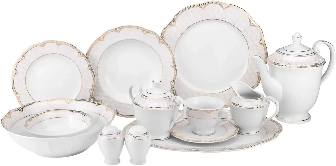 Royalty Porcelain Antique 57-pc Dinnerware Set 'Sandra Pink Gold', Fine Porcelain