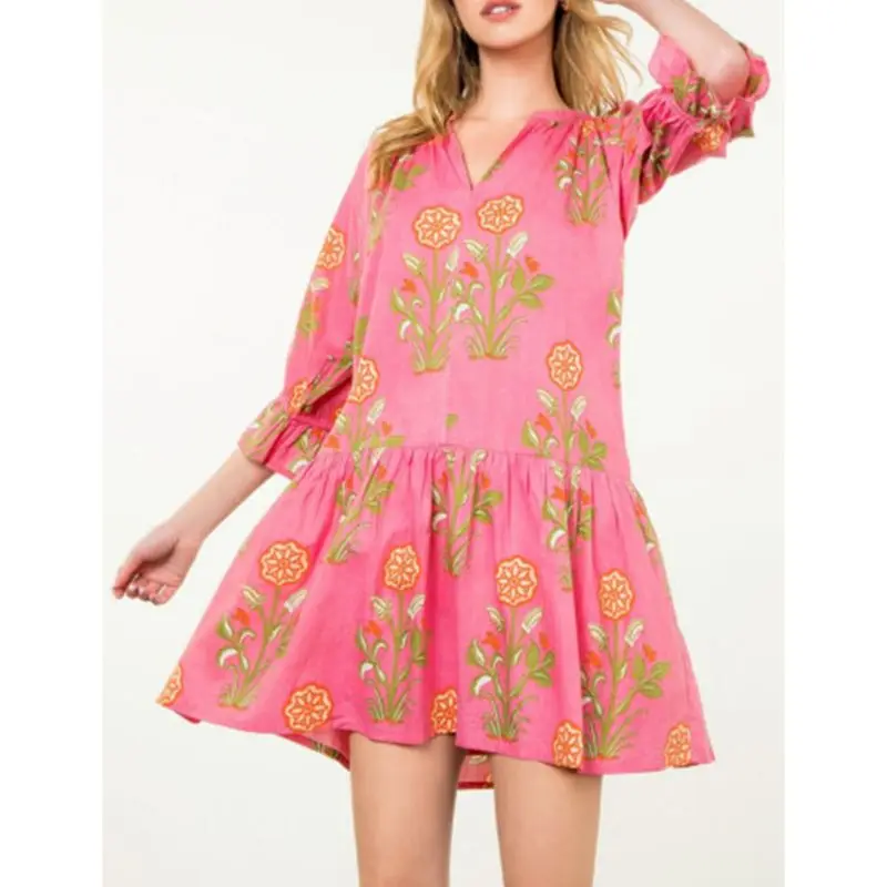 Combhasaki Donna Boho con volant svasato mezza manica scollo a V Y2K estetica stampa floreale vestibilità ampia mini abito corto a trapezio streetwear