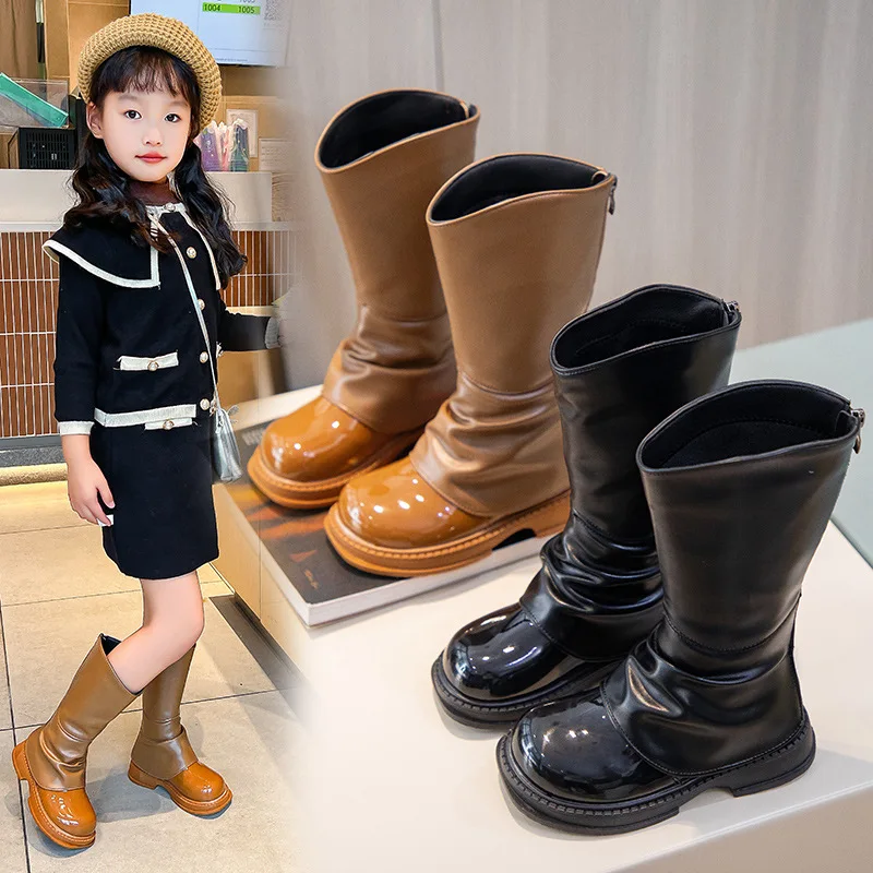 2023 New Simple Non-slip Children Fashion Versatile Soft Girls High Boots Chic PU Back Zipper Unique Elegant Kids Princess Boots