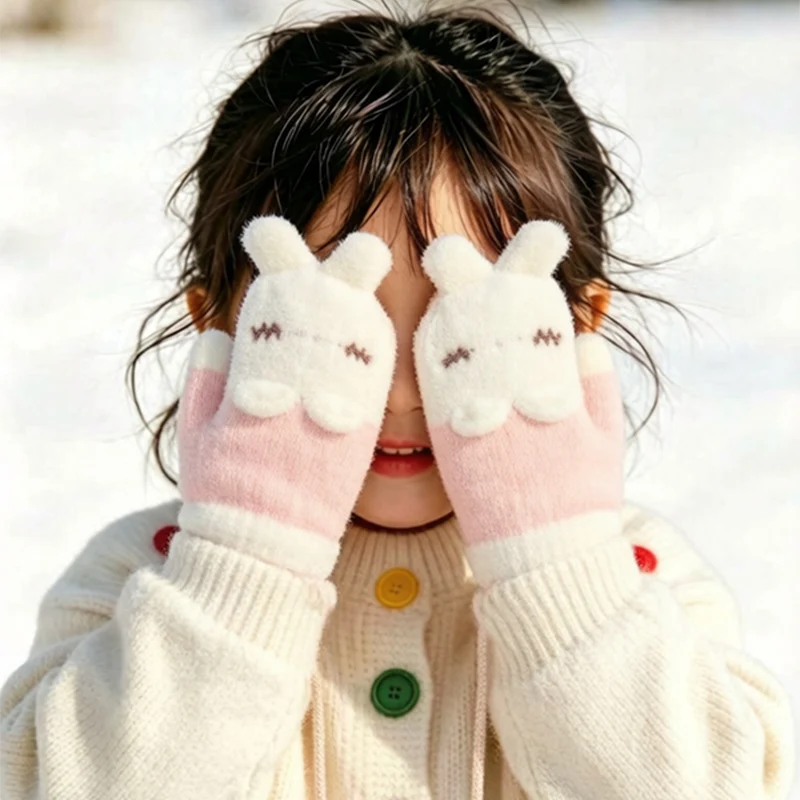Winter Cute and Super Cute Rabbit Bag Finger Hanging Neck Warm Knitted Gloves Baby Soft and Cute Skin-Friendly 1-3 Year Old Glov