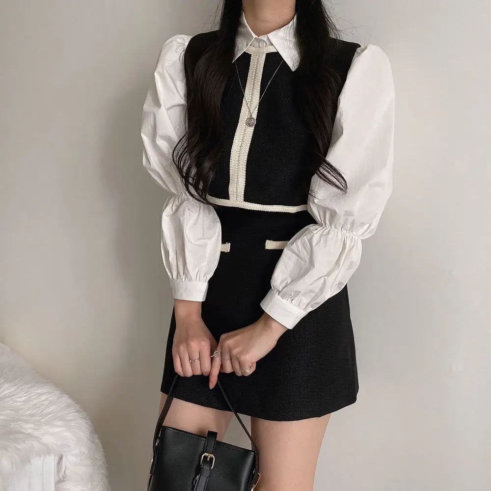 Three-Piece Set Of Lapel Shirt + Contrasting Color Vest + High-Waist Skirt For Women With Korean Chic Retro Niche Temperament