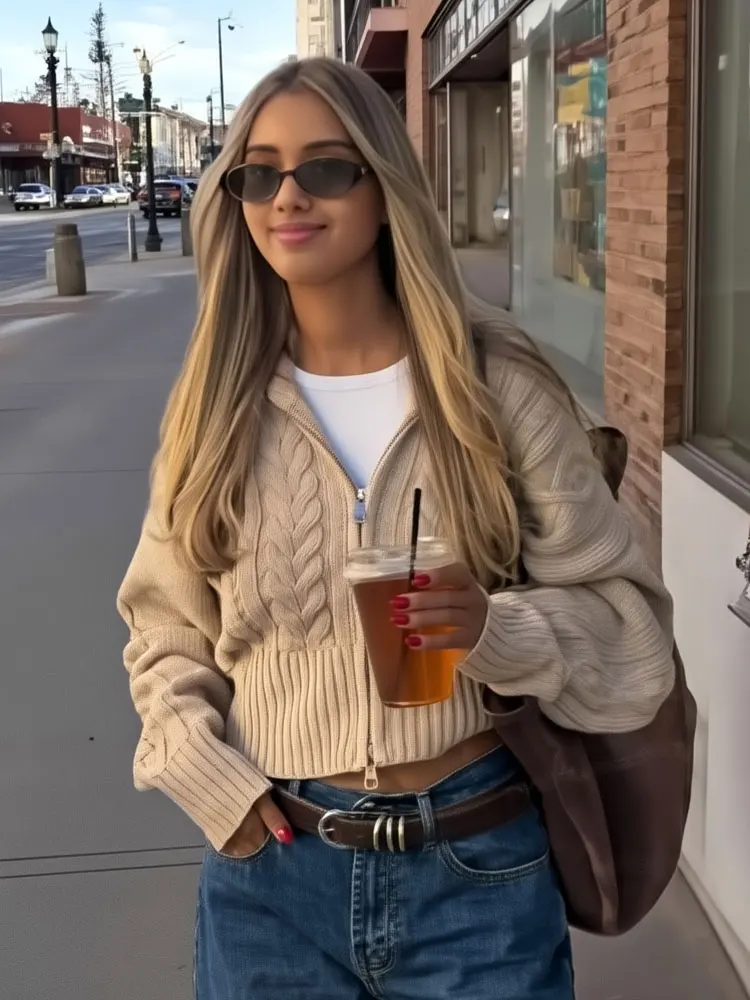 

HH 2025 Autumn Causal Zipper Stand-collar Twist Knitted Cardigan Women's Long Sleeves Solid Zipper Fashion Sweater Cozy Tops