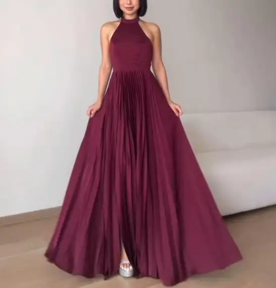 

Women Dress 2026 Summer New Elegant Solid Color Round Neck Backless Hanging Neck Sleeveless Pleated Skirt Suitable for Banquets