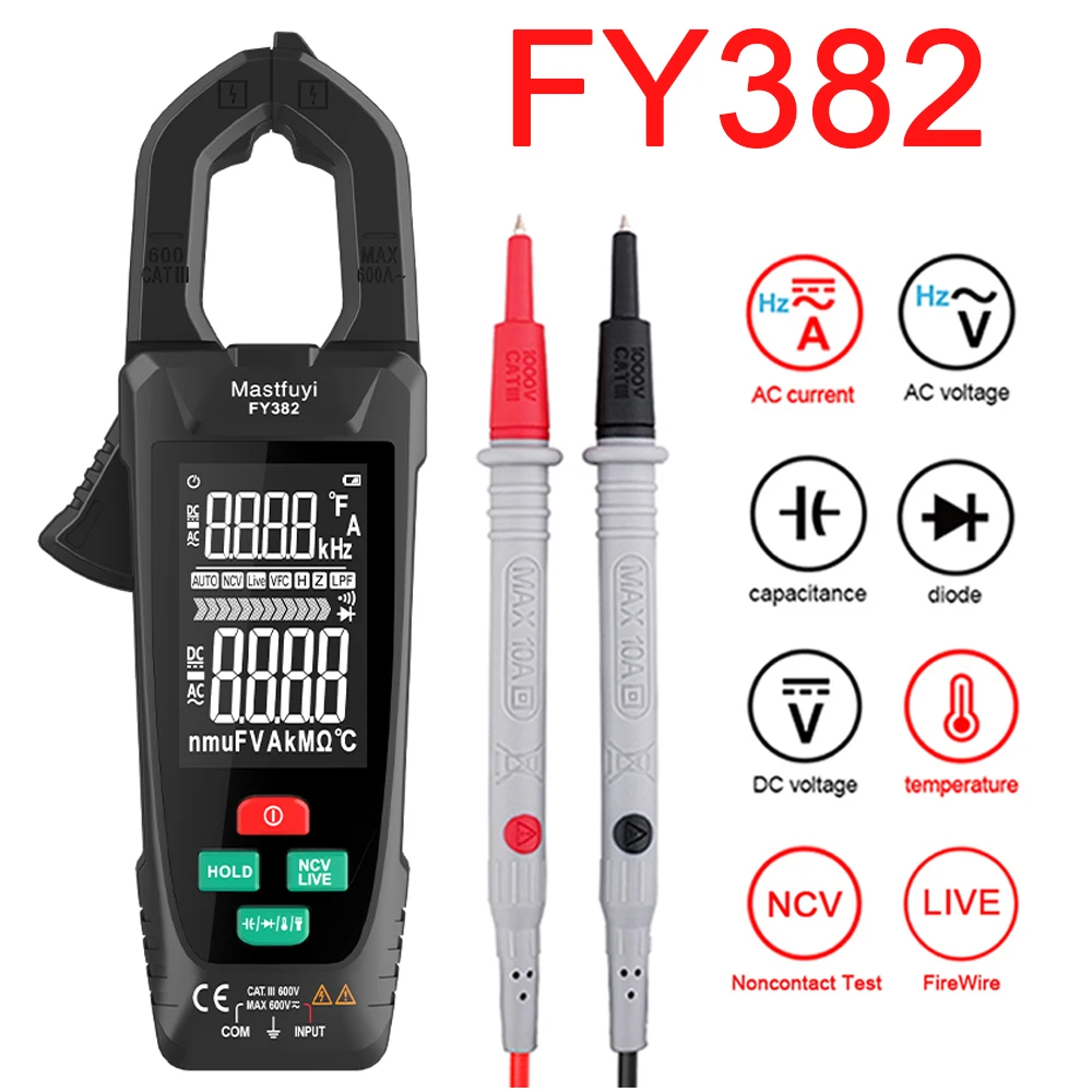 FY382 DC AC Current Voltage Clamp Meter 9999 Counts Digital Multimeter True RMS Temp Amperimetric Clamp Multimetro Hz NCV Ohm