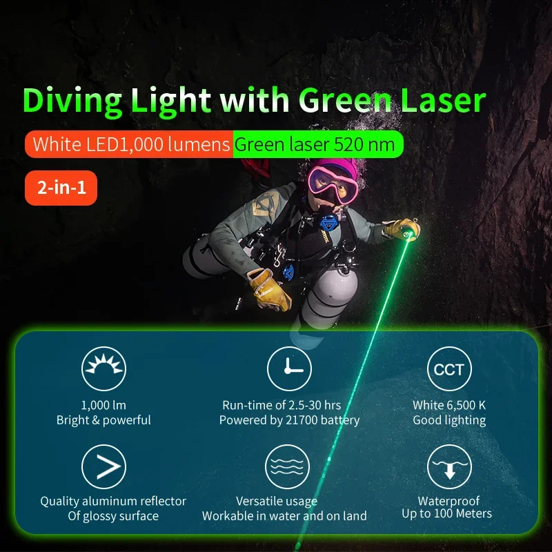 ARCHON J2 Diving LED Flashlight 1000 Lumens Torch Light Underwater 100m by Rechargeable 21700 5100Mah Battery for Self Defense