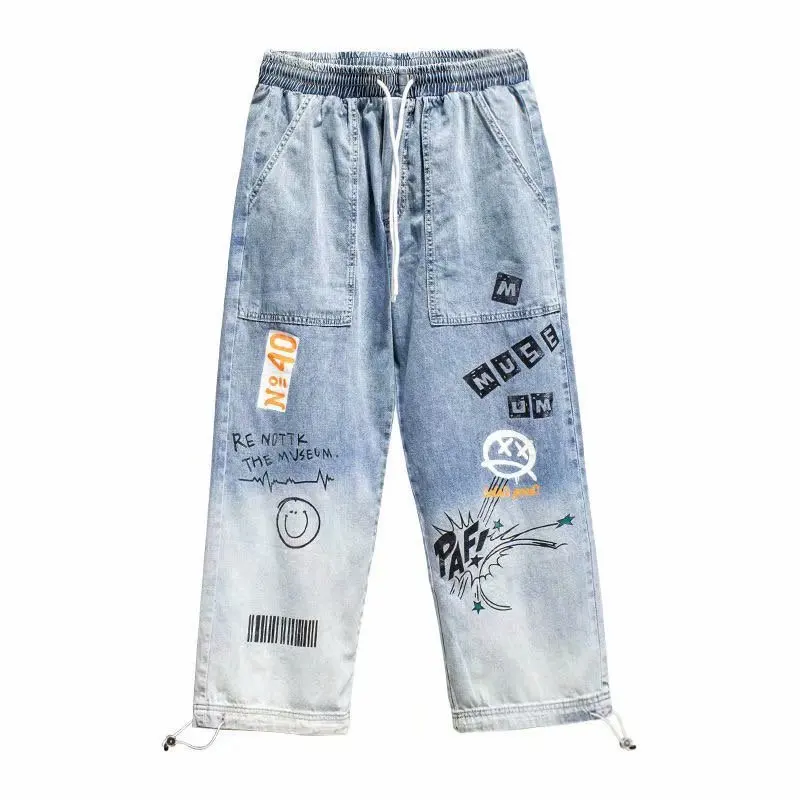 New Fashion Men's Loose Fit Denim Jeans with Cartoon Graffiti Print, Elastic Drawstring Waist and Ankle-tied Cuffs
