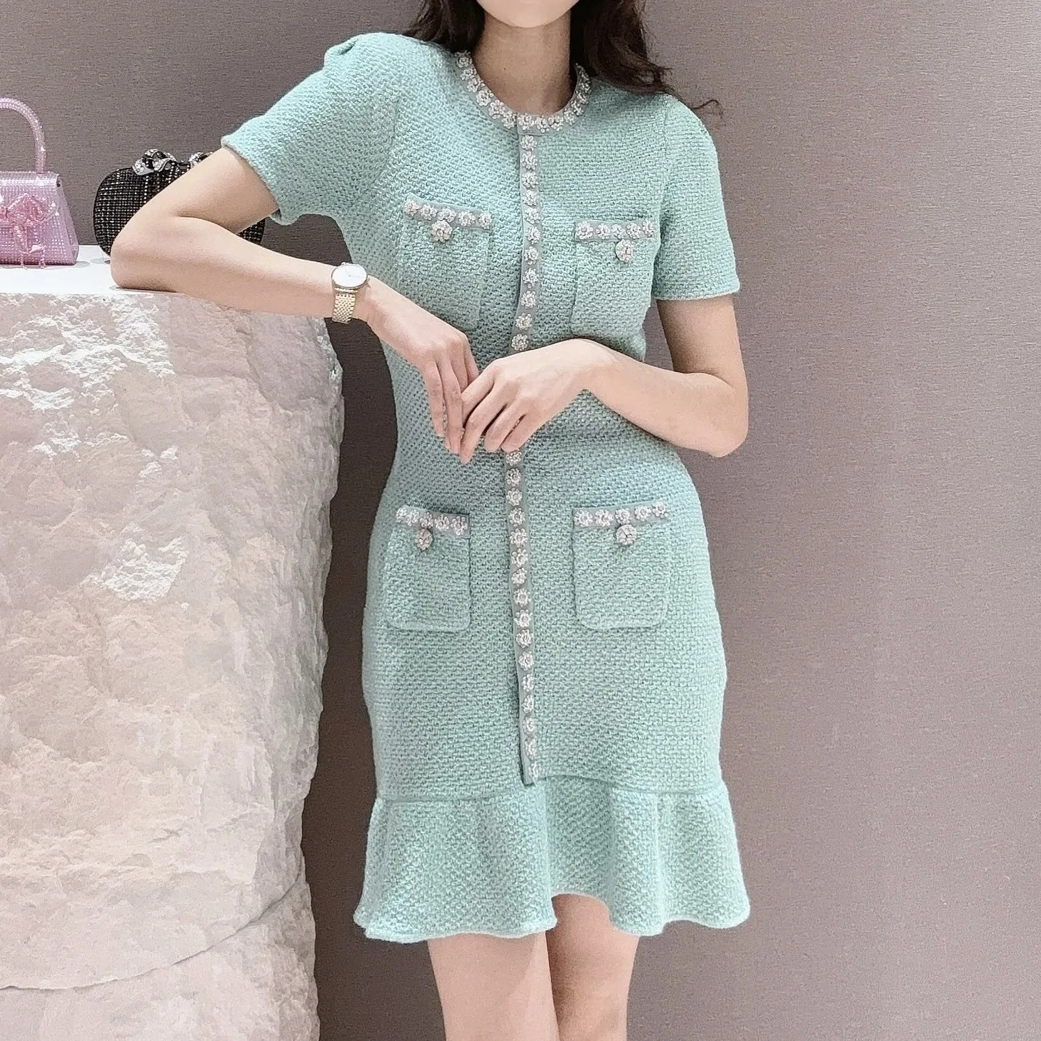 Women\'s Light Green Diamond Dress Short Sleeve Round Neck Slim High Waist Pocket Office Ladies Elegant Mini Dress