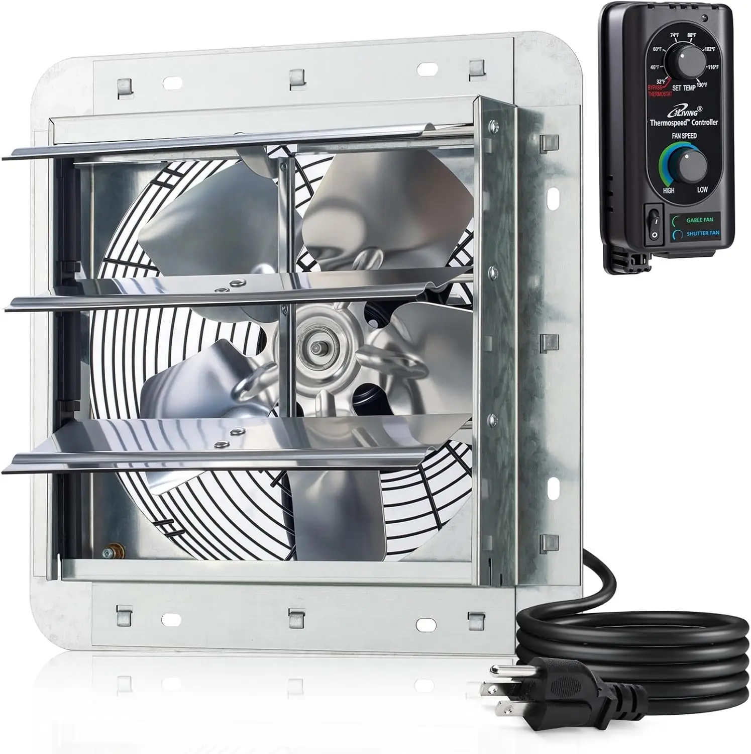 

10" Wall Mounted Exhaust Fan with Automatic Shutter, Thermostat, Variable Speed, 65W, 820 CFM for up to 1200 sq ft