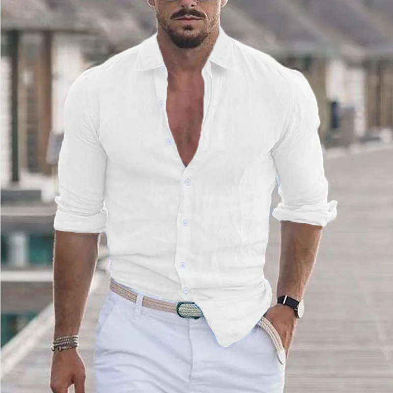 

2025 new men's summer business casual loose lapel beach cardigan shirt long sleeve solid color Hawaiian holiday clothing