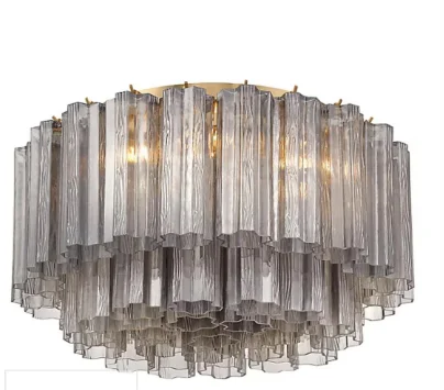 Hot Sale Textured Glass Column Chandelier GoldFrame Circular Ceiling Light for Villa Restaurant InteriorLighting