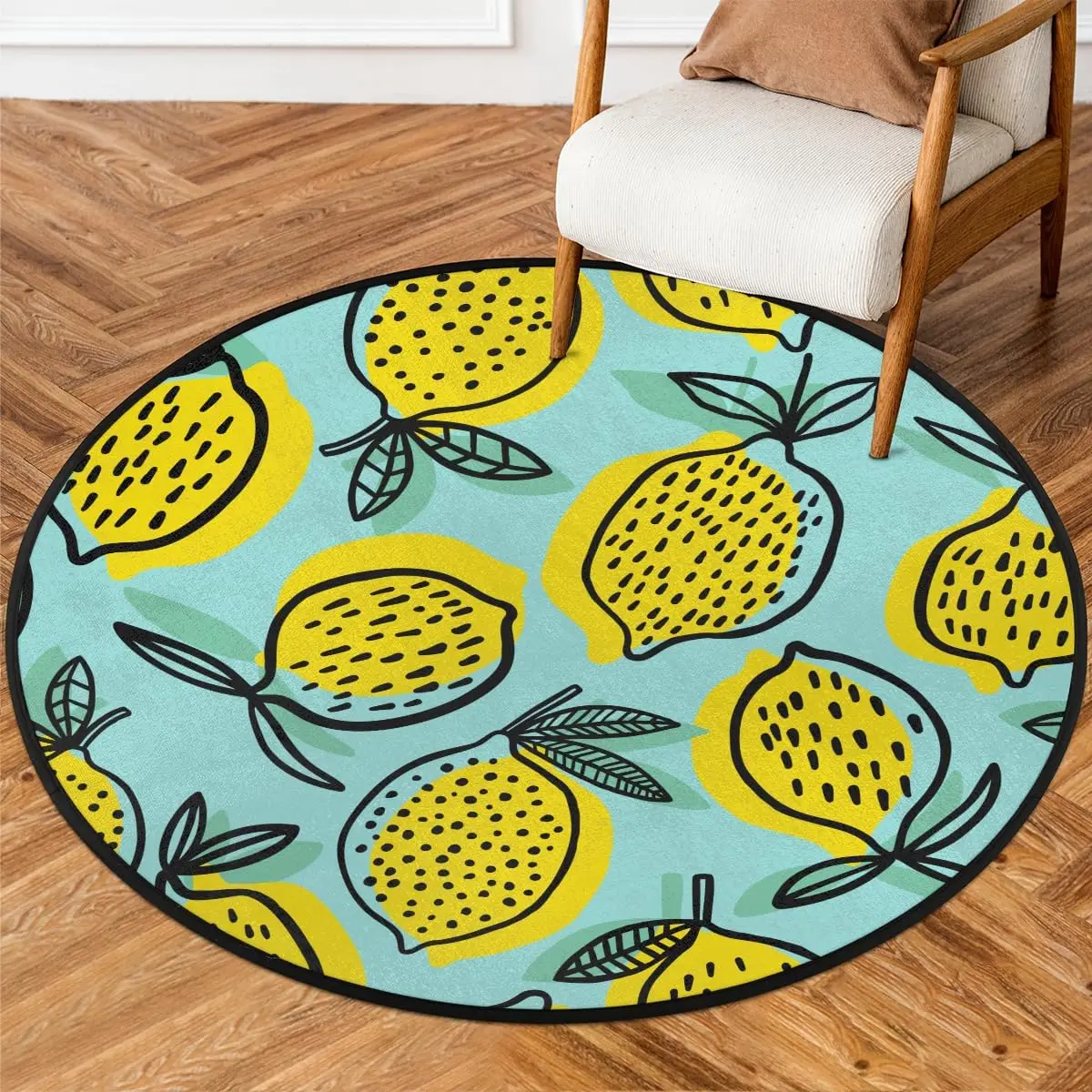 Fruit Lemon Round Rug, Washable Soft Circular Floor Mat, Non Slip Low Pile Area Rugs for Kids Room Bedroom Bathroom Laundry Room