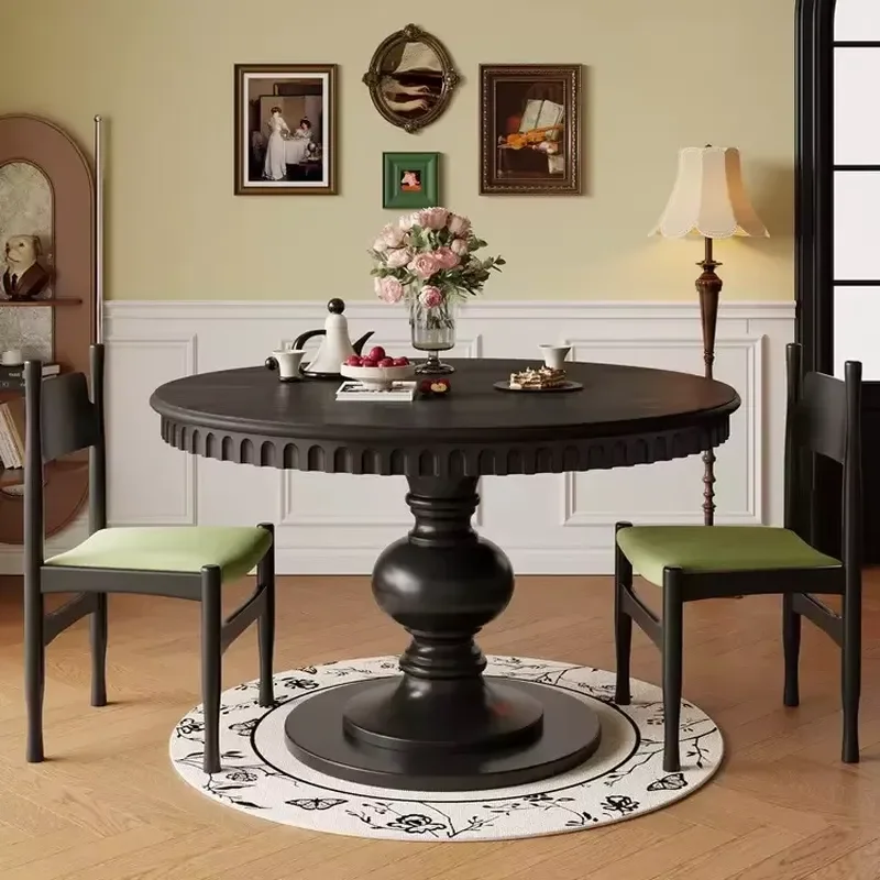 American Vintage Round Solid Wood Dining Table, French Roman Column Pedestal Round Dinner Table for Family Small Dining Room