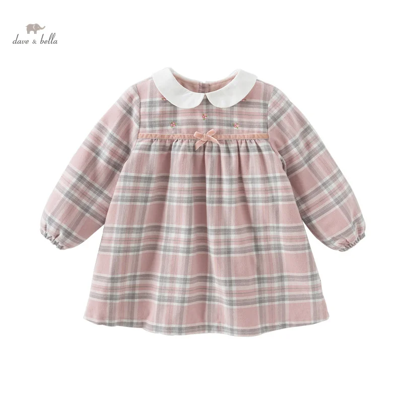 Dave Bella Princess Dress Girls Baby 2024 New Winter padded Plaid Printed Long Sleeve Children\