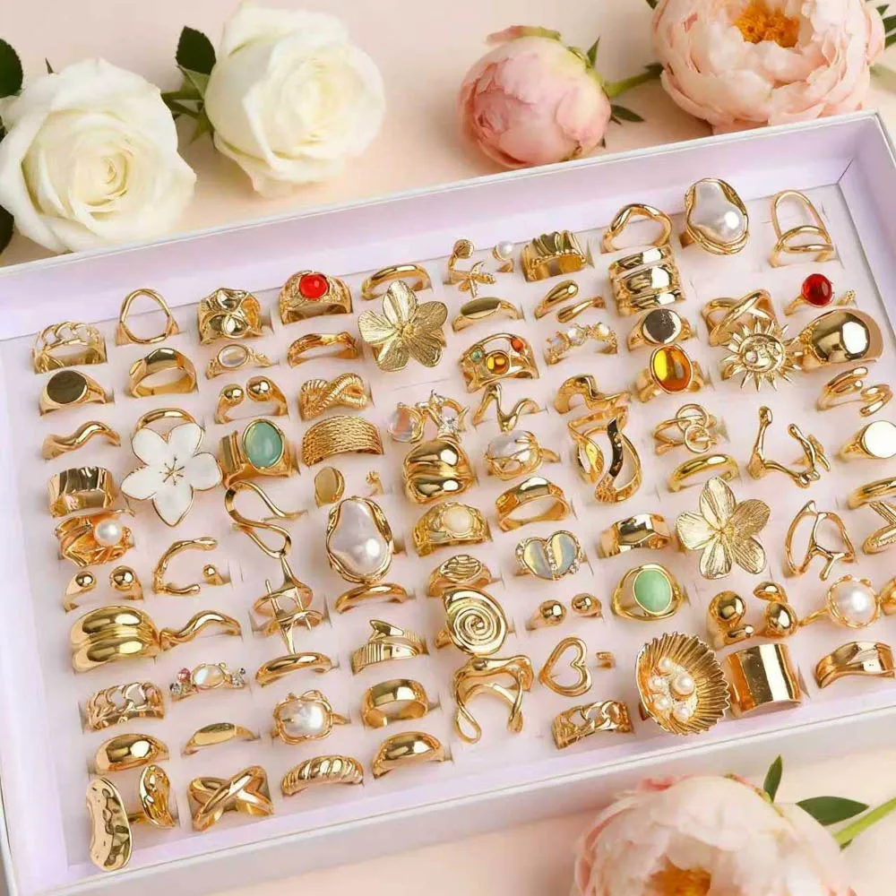 10/20/30/50 قطعة/الوحدة موضة أنيقة سحر فريد غير النظامية مبالغ فيها زهرة المفتوحة خواتم اللؤلؤ للنساء مجوهرات اكسسوارات هدية