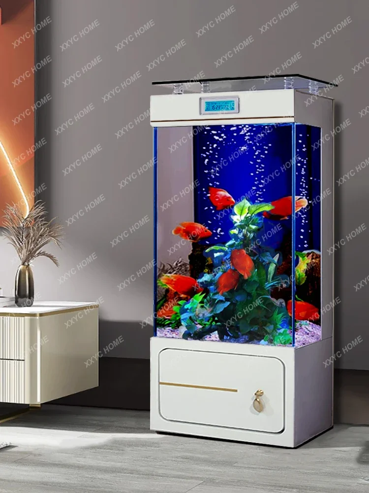 ultra-white floor-to-ceiling fish tank living room back filter against the wall water-free boxes vertical goldfish tank