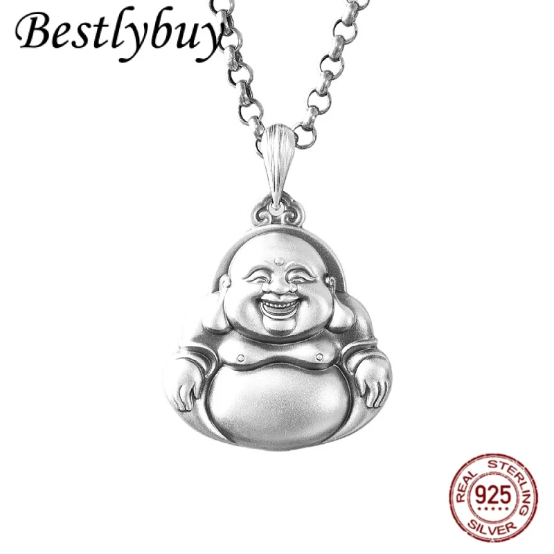 

NEW 999 Solid Silver Maitreya Laughing Buddha Pendant Retro Thai Silver Lucky Talisman for Men and Women