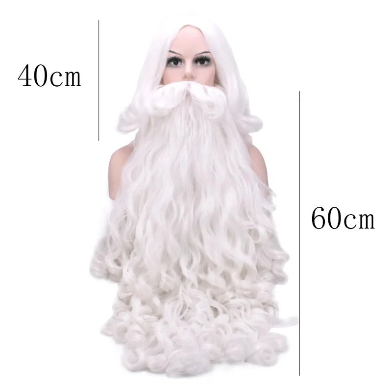 Santa Cosplay Santa Claus Wig and Beard Cosplay Wigs White Hairpiece Accessories Santa Beard 60cm For Christmas New Year Gift