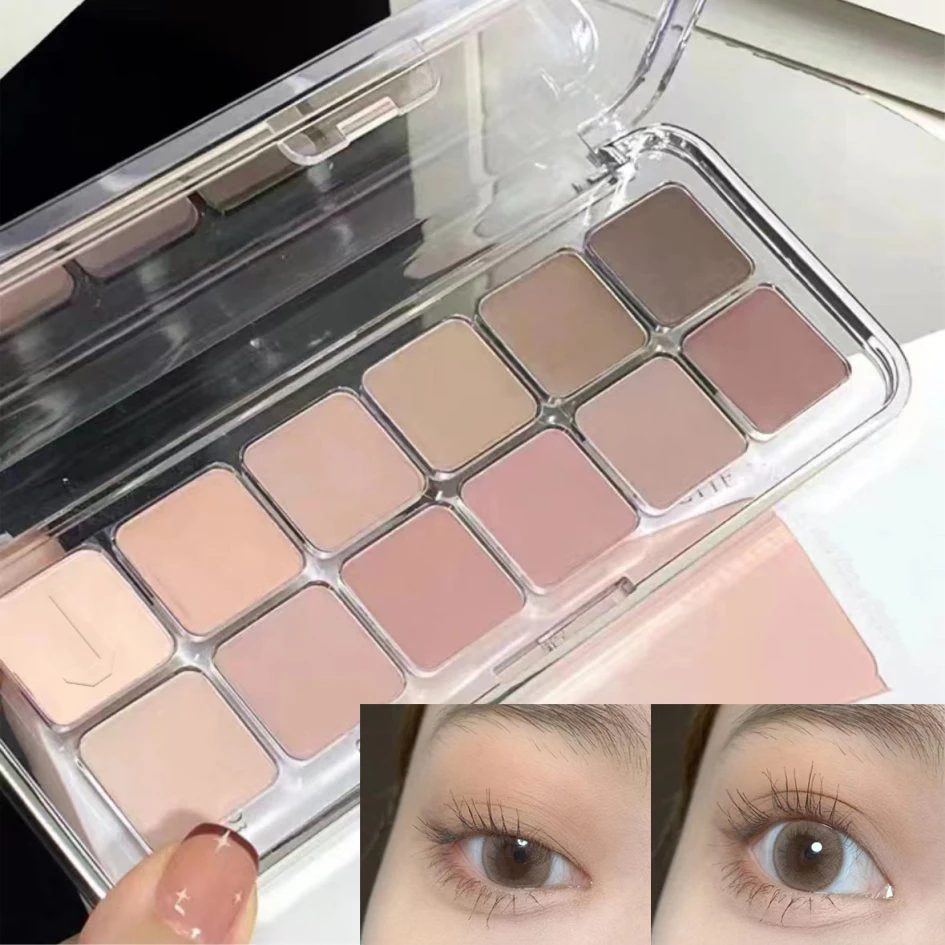 Paleta de sombras de ojos de 12 Colores, baja saturación, maquillaje de ojos coreano mate completo, pigmento de ojos de Color tierra desnuda de larga duración, gris y rosa, nuevo