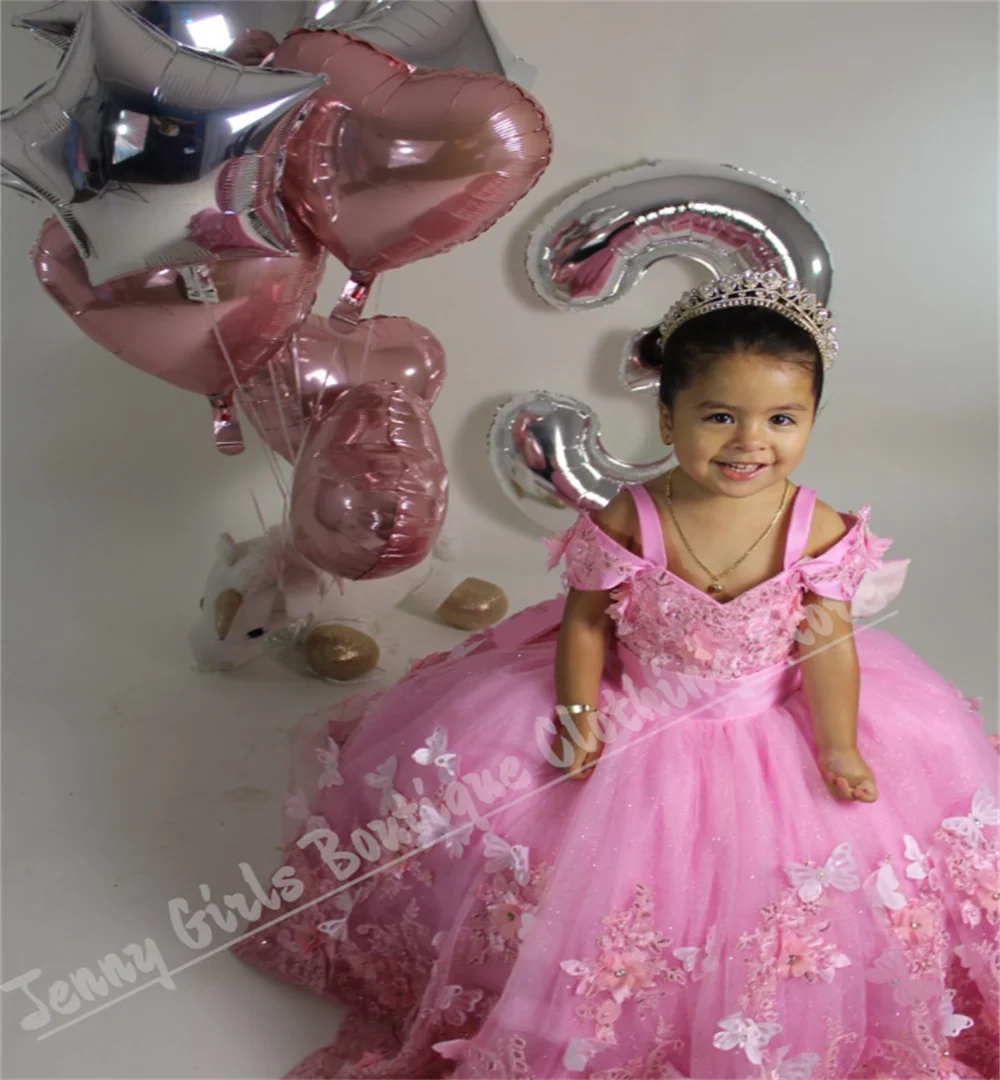 

Children's Girl Dress With Thin Straps Pink Fluffy Bow Knot For First Birthday Party Performance Evening Dress