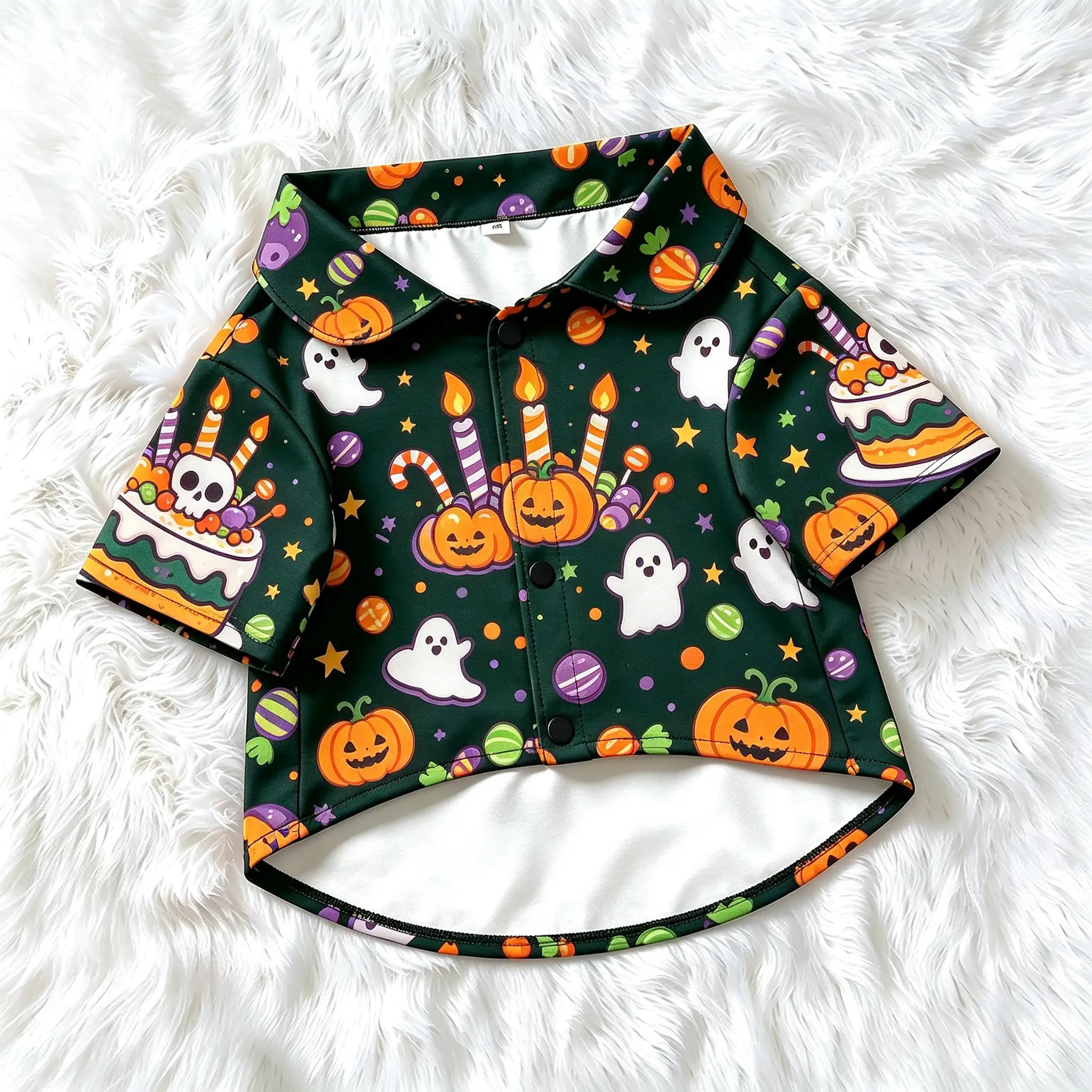 Pet Dog Shirt Green Skull Cake Ghost Candle Print Button Up for Small Medium Dogs Cute Halloween Theme Party Wear