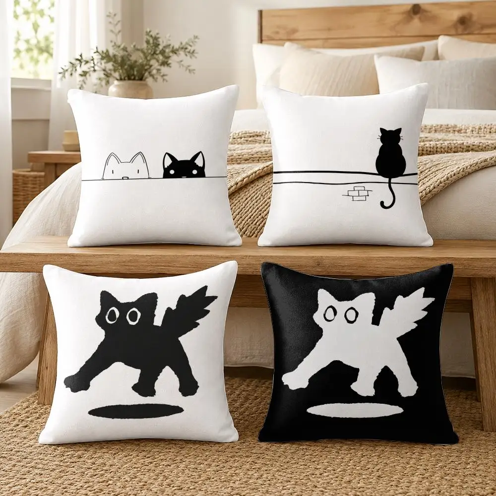 Minimal Black Cat Sketches Cushion Cover Silky Short Plush Invisible Zipper Dustproof Sofa Pillow Case For Home Decor